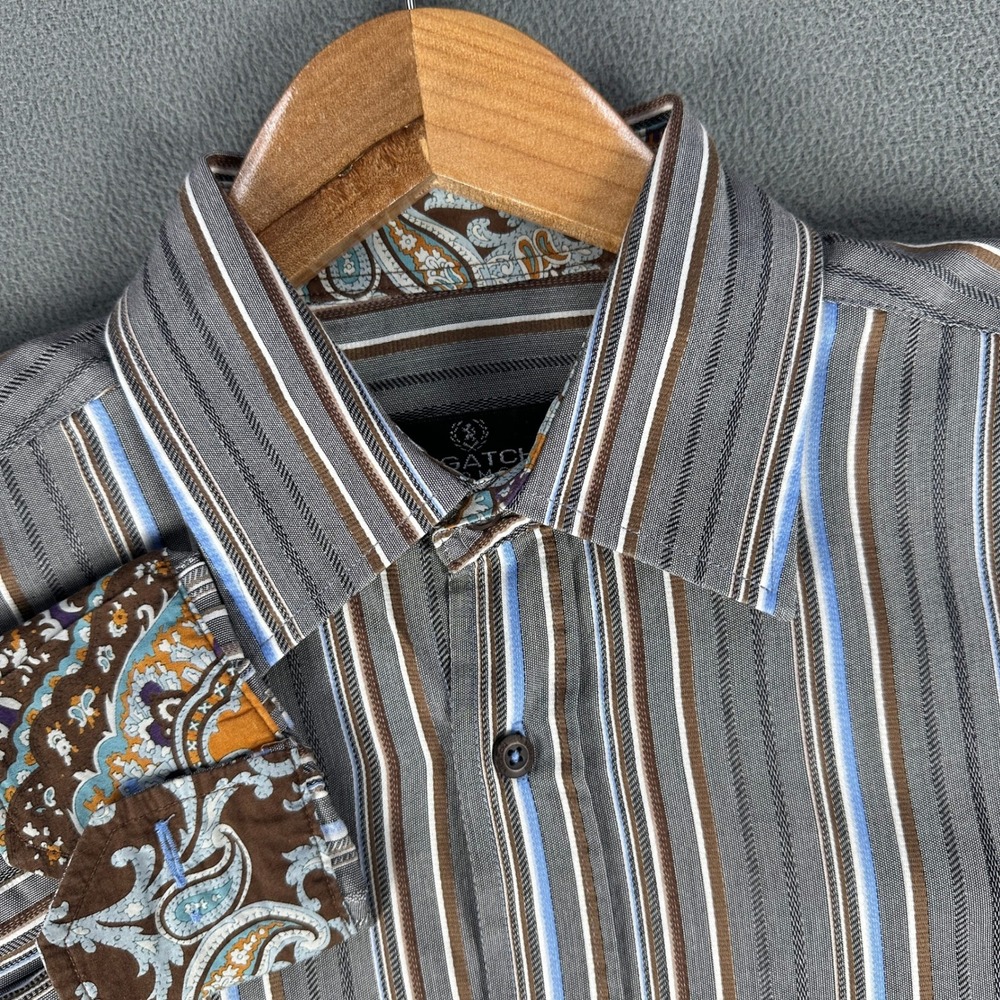 Bugatchi Shirt Mens Medium Grey Vertical Stripe Flip Cuff Colorful Party Luxe